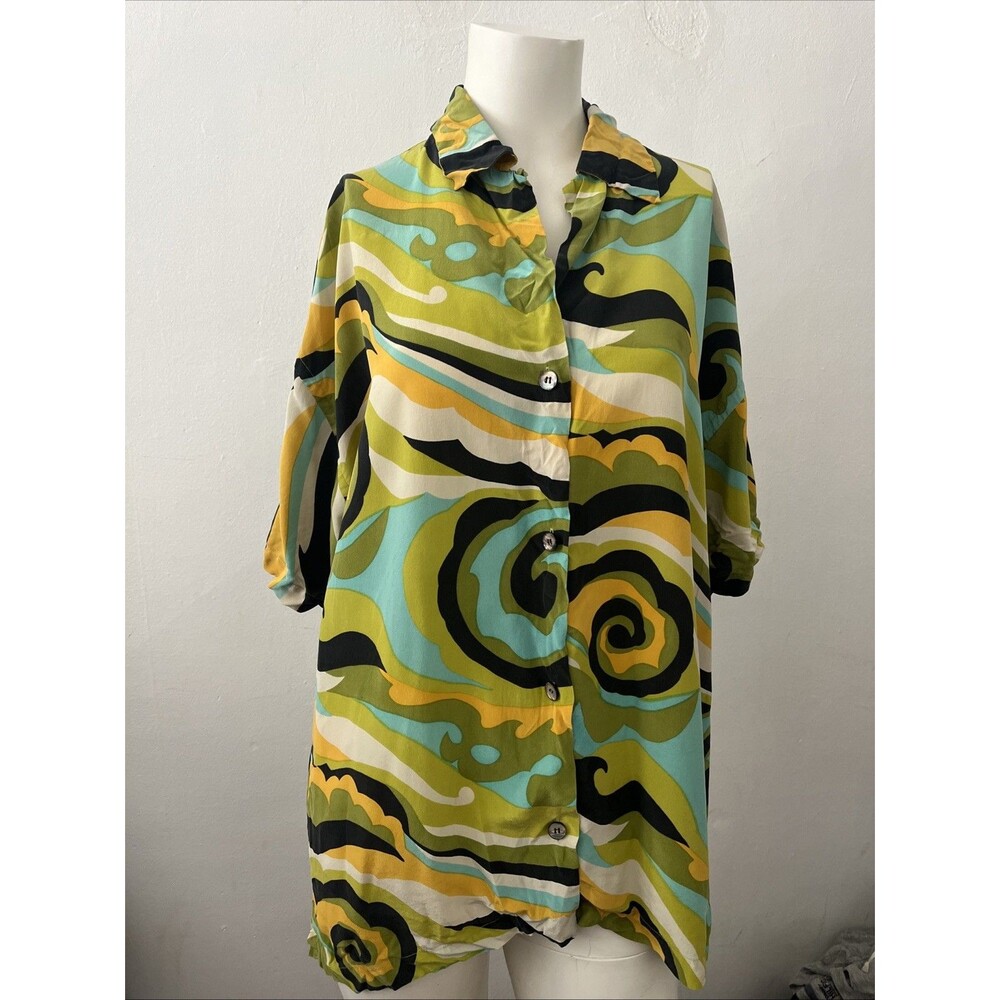 Vintage 90s Funky Silk Top M Artsy Swirl Avante Garde Eclectic Wacky Maximalist